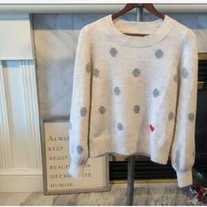 Ruby Moon Cozy Cream Sweater with Gray Dots and Red Accent Sz Med